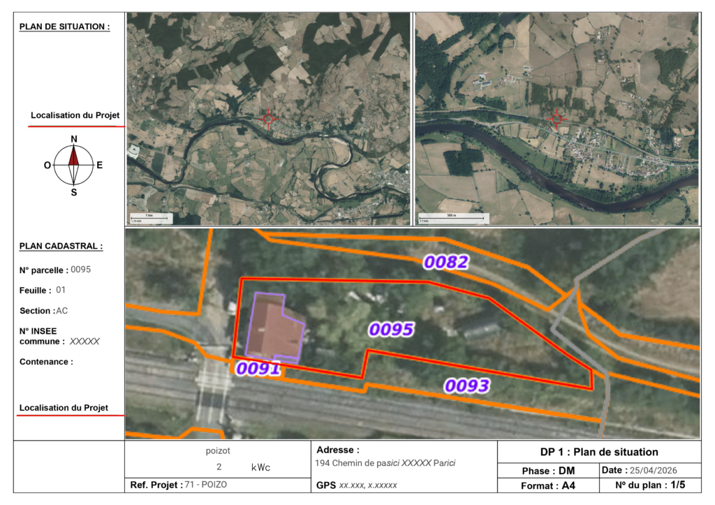 Exemple de plan de situation DP1 pour déclaration préalable panneaux solaires - 3 vues IGN et cadastre