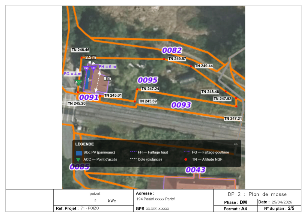 Exemple de plan de masse DP2 pour déclaration préalable panneaux solaires - vue satellite avec cotations et altitudes