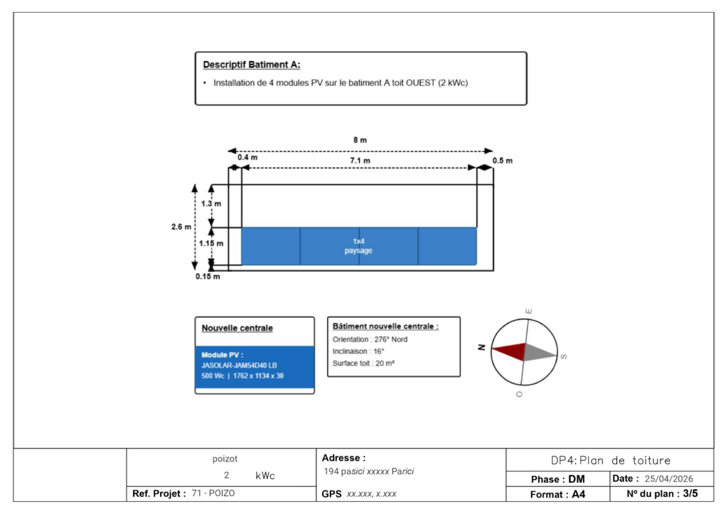 Exemple de plan de toiture DP4 pour déclaration préalable panneaux solaires - dessin coté avec modules PV