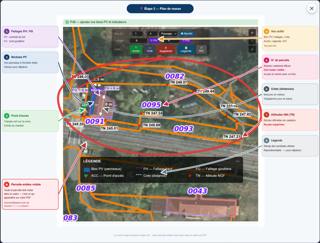 Interface DPT Solaire - aide visuelle plan de masse avec les 8 éléments annotés