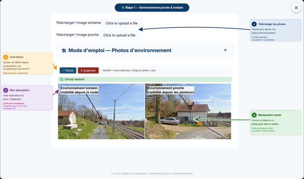 Interface DPT Solaire - aide visuelle photos d'environnement avec les 4 éléments annotés
