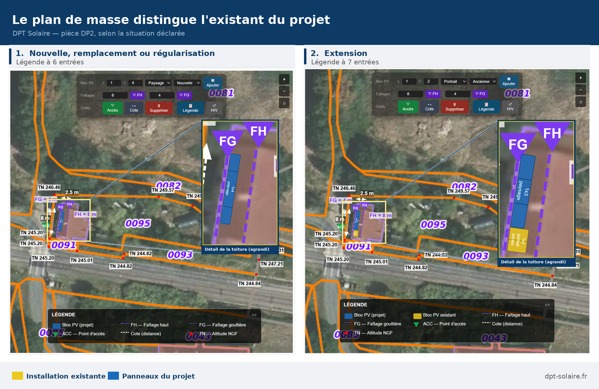 Plan de masse d'une déclaration préalable dans deux situations : à gauche une installation nouvelle avec les seuls panneaux du projet, à droite une extension où les panneaux existants apparaissent en jaune et la légende compte une entrée supplémentaire.