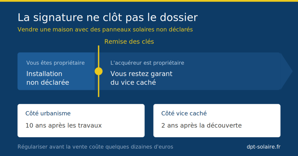 Ligne de temps montrant que la remise des clés n'arrête pas l'exposition du vendeur : dix ans de risque urbanistique après les travaux, et deux ans après la découverte du vice caché.